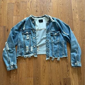 Alpha & Omega Distressed Cropped Denim Jacket Raw Hem Blue Jean Coat
